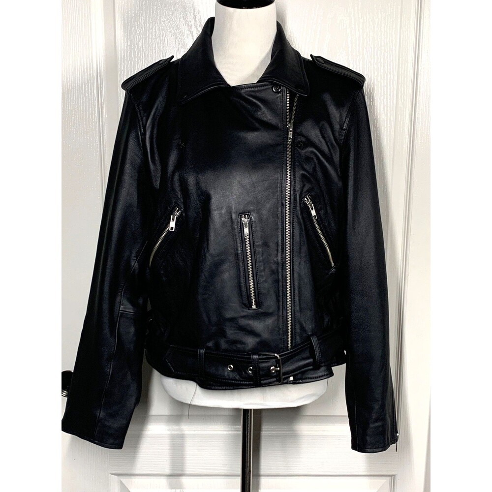 Quince Asymmetrical Zip Lined Black Sheep Leather Biker Jacket Womens Size XL